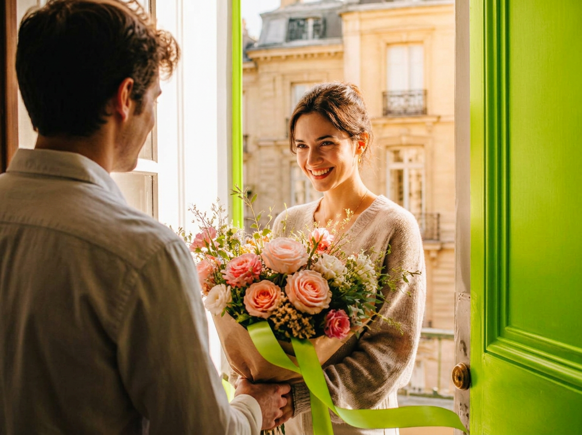 A woman receiving a bouquet of pale roses at the door of a sunlit European apartment